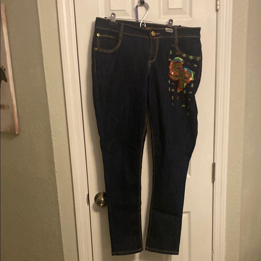 South Pole Blue Straight Leg Jeans with Embellished Design